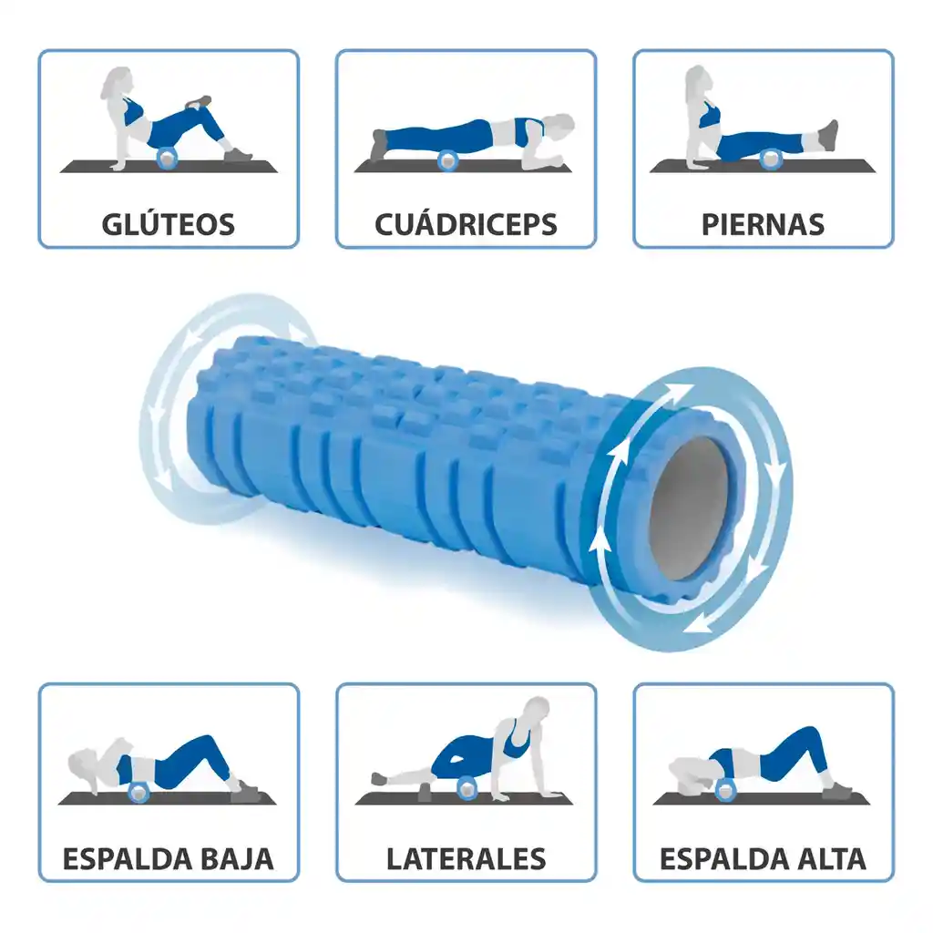 Rodillo Foam Roller X45cm Espuma Yoga Masajeador Grabado Azul