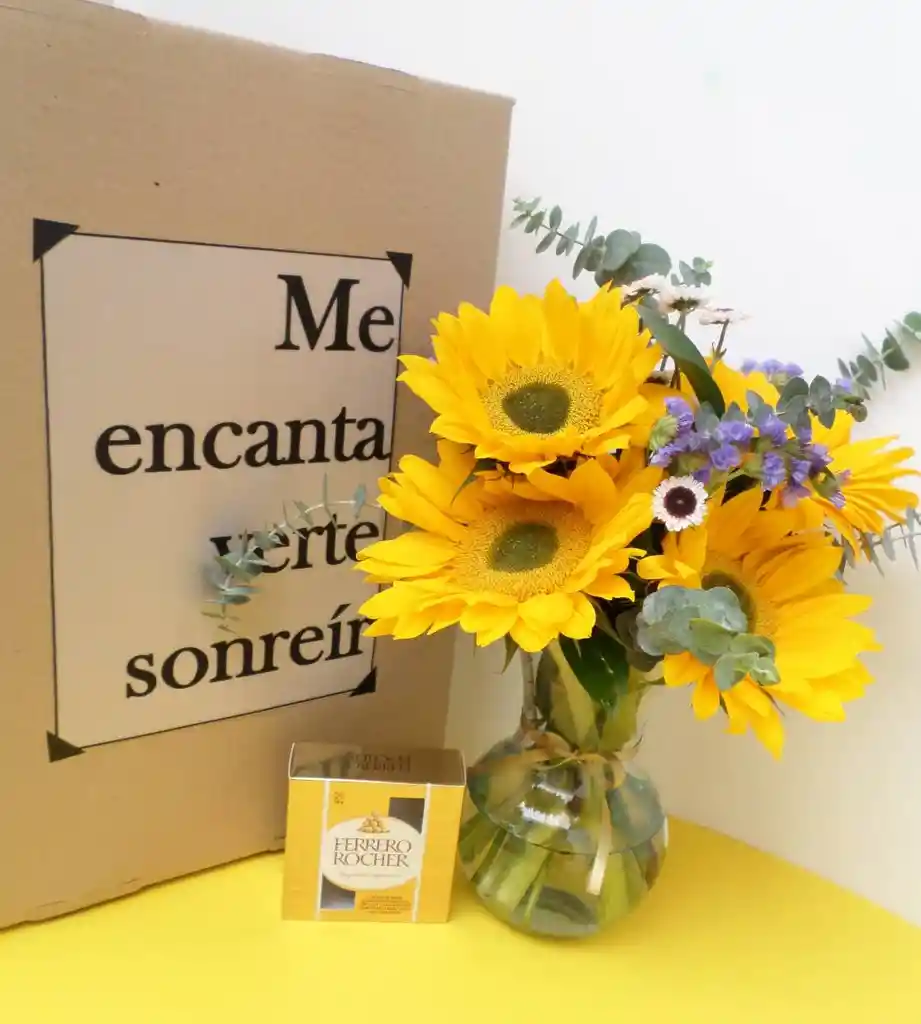 Bouquet Girasoles Jarrón Peque Y Chocolates