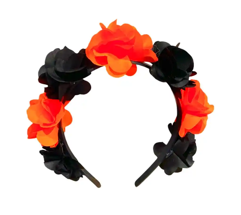 Diadema Balaca Vincha Flores Negras Naranja Halloween Hora Loca, Carnaval, Año Nuevo