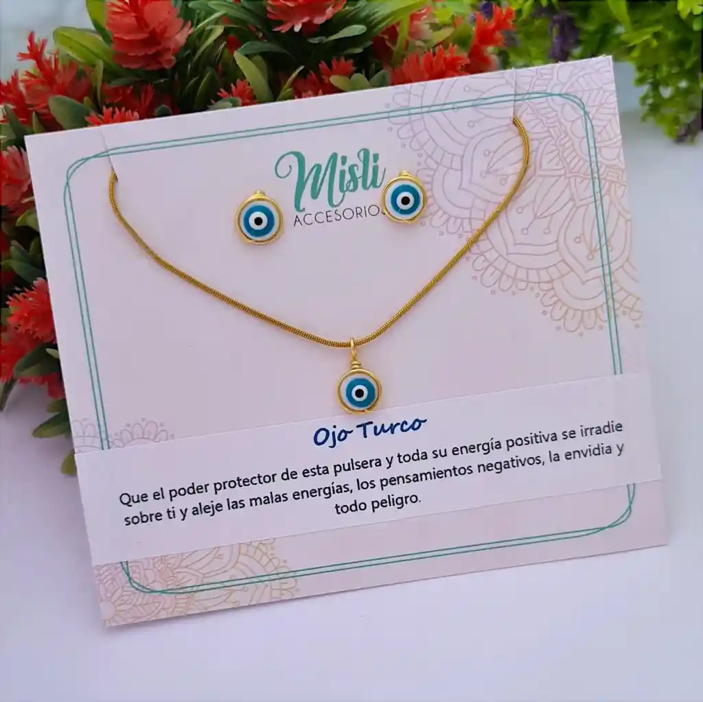 Conjunto (collar Y Aretes) Ojo Turco De Protección En Nacar