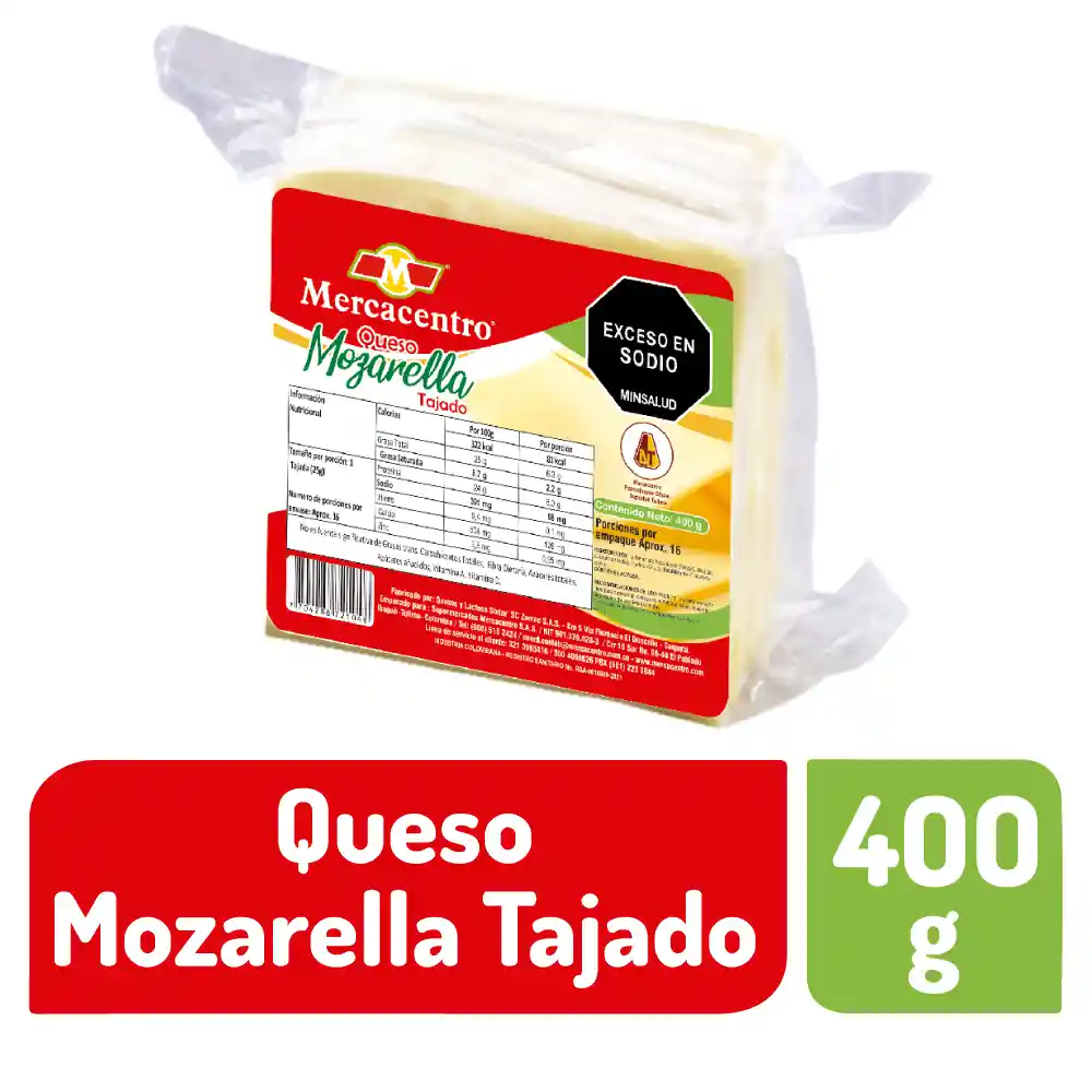 Queso Mozarella Mercacentro Tajado 400 G