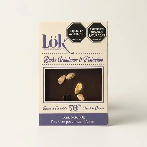 Bark Lok Chocolate 70% Arandanos / Pistacho - 60 Gr	