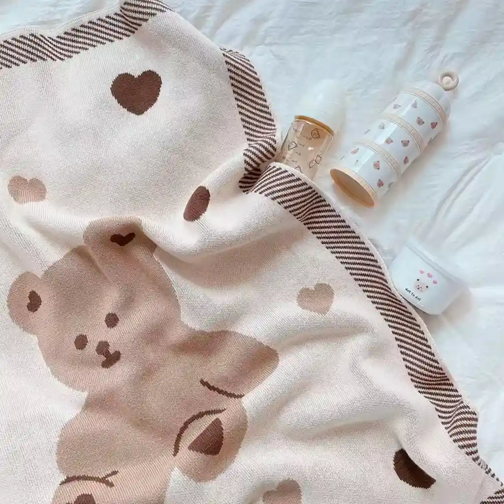 Cobija De Osito Para Bebé, Manta De Punto De Algodón, Ligera, Suave, Transpirable, Multifuncional Oso Con Patrón De Corazones