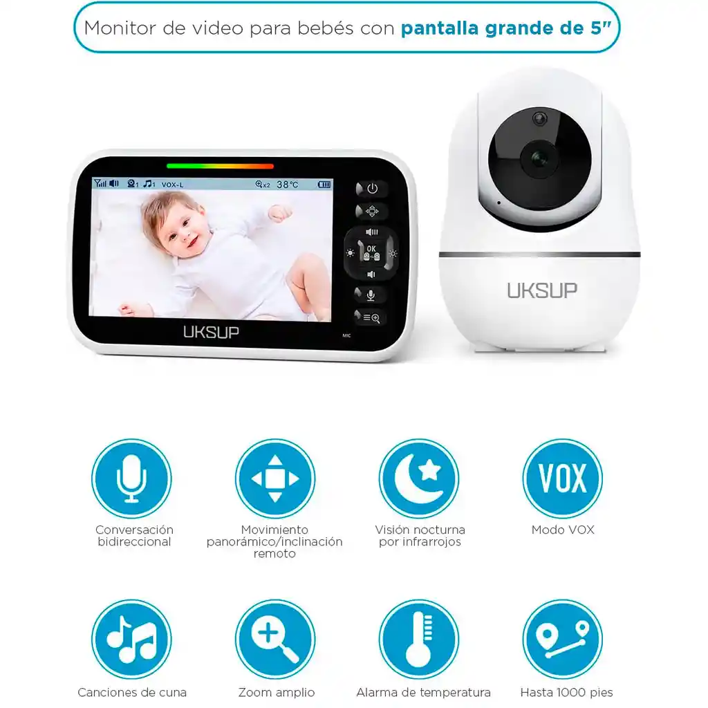 Monitor Para Bebés Con Dos Cámaras Y Audio Bidireccional, Monitor De Video Para Bebés Con Pantalla De 5" De Larga Duración De Batería, Control Remoto De Movimiento - Uksup