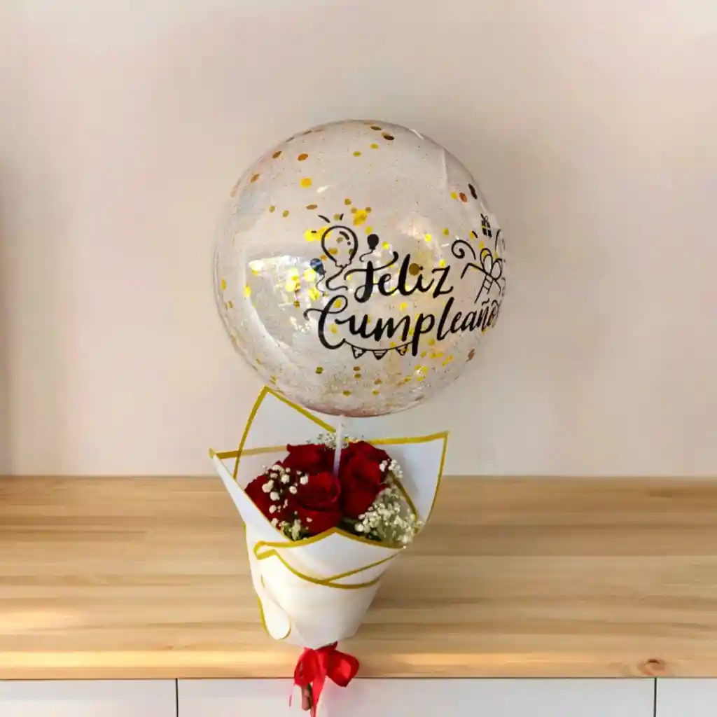 Bouquet 12 Rosas Con Globo Burbuja
