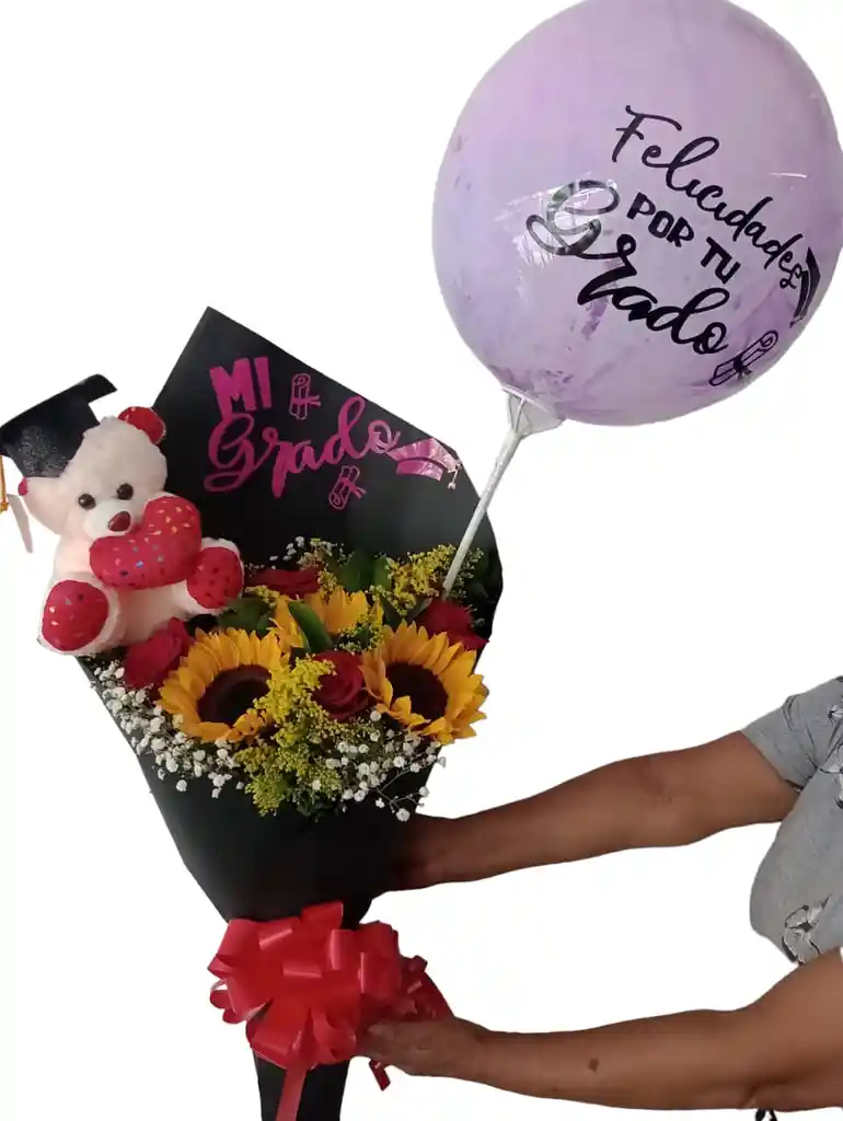Bouquet Personalizado 12 Rosas 6 Girsoles, Globo Burbuja Y Mensaje En El Empaque