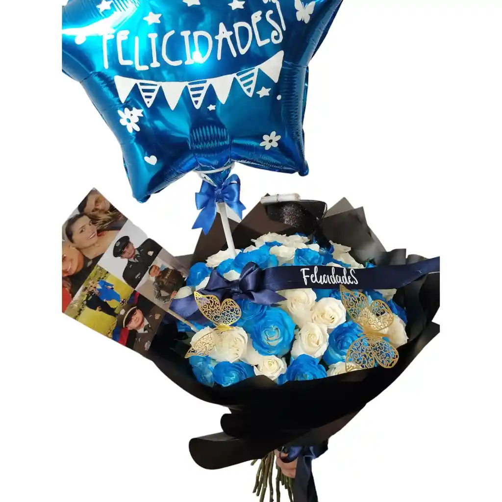Bouquet Personalizado, Rosas Zules Y Blancas,