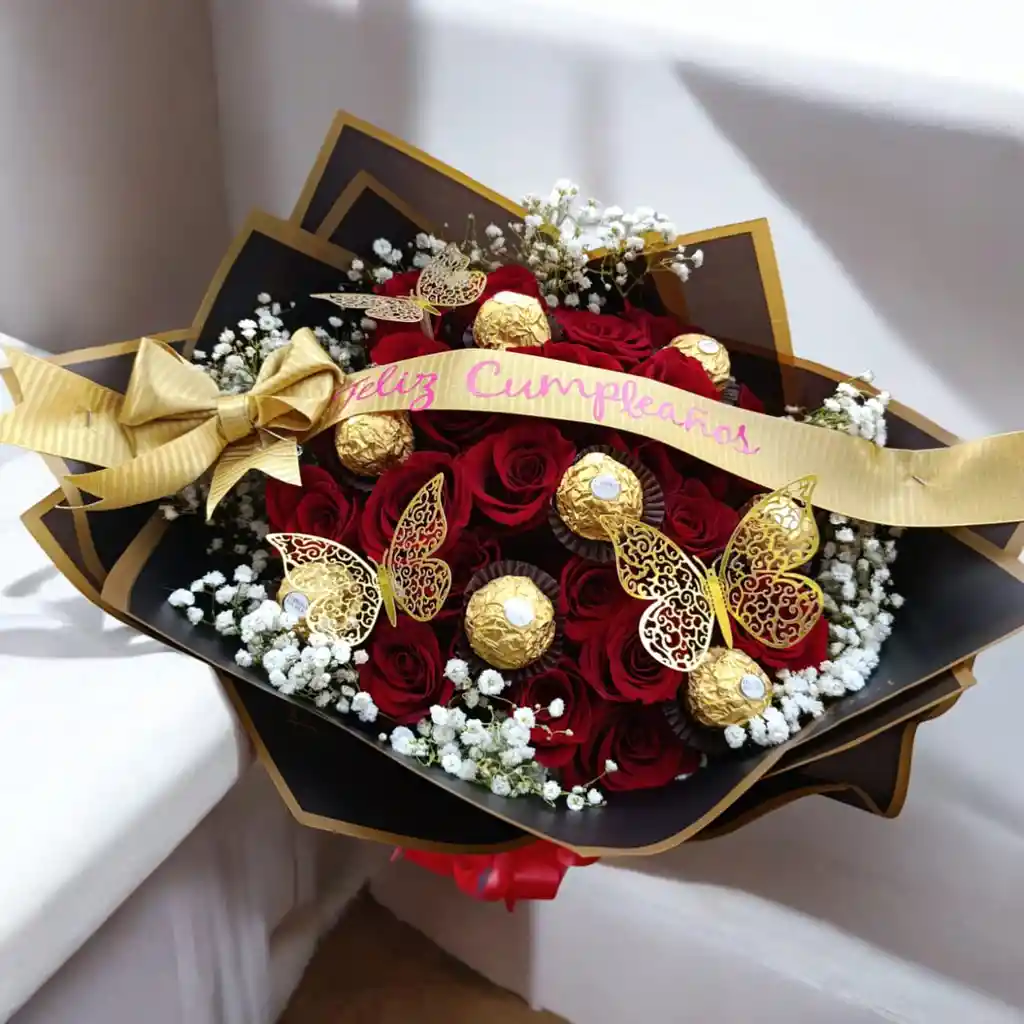 Bouquet 24 Rosas, 8 Ferrero Rocher Y Cinta Personalizada