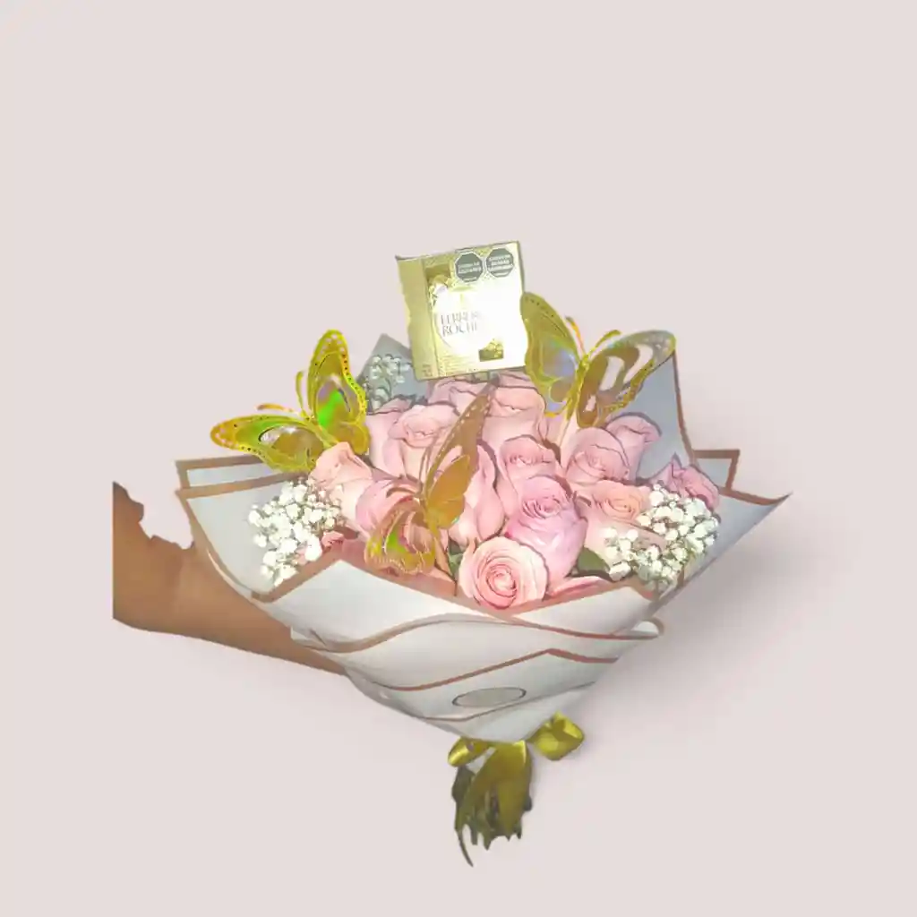 Bouquet De 24 Rosas Rosadas Y Caja De Ferrero Rocher