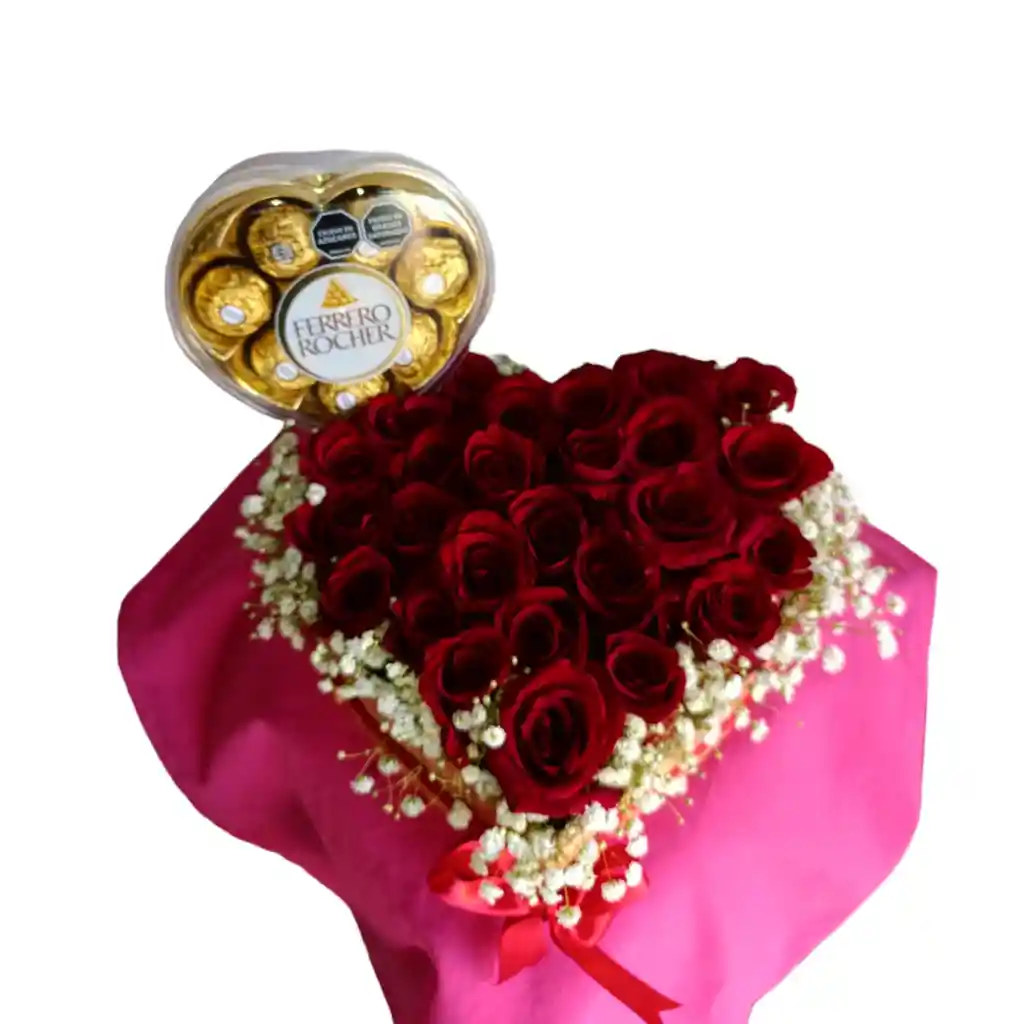 Corazón De Rosas, Con Caja De Corazón Chocolates Ferrero