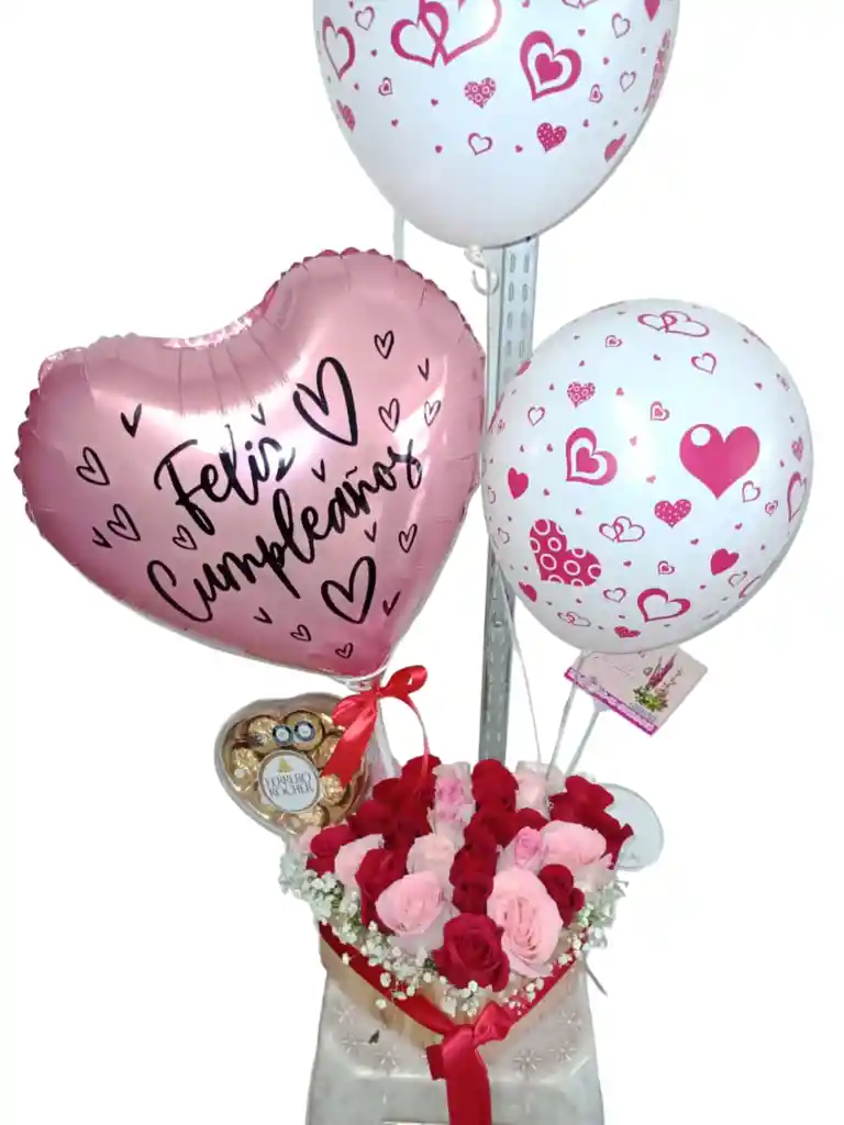 Corazón De Rosa En Dos Colores, Chocolates Y Bombas
