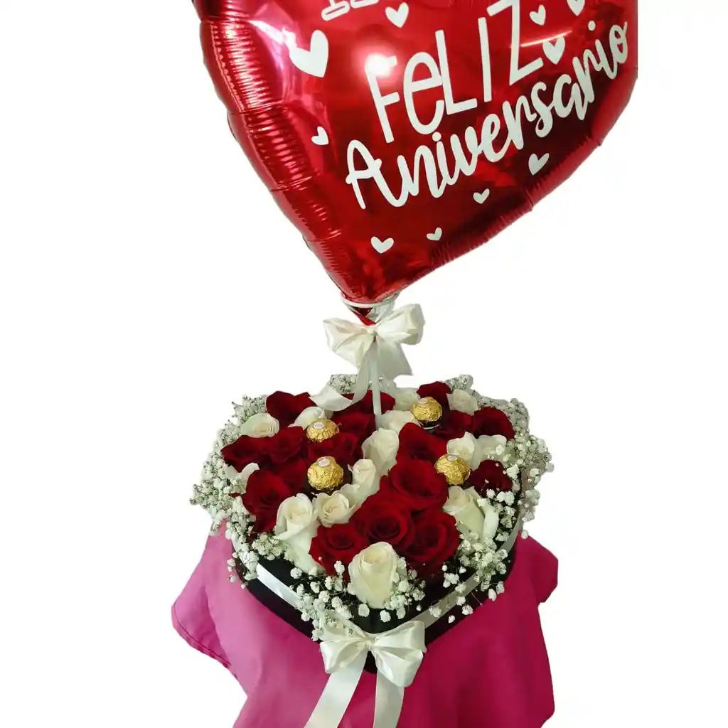Corazón, Rosas Blancas Y Rojas Con Chocolates