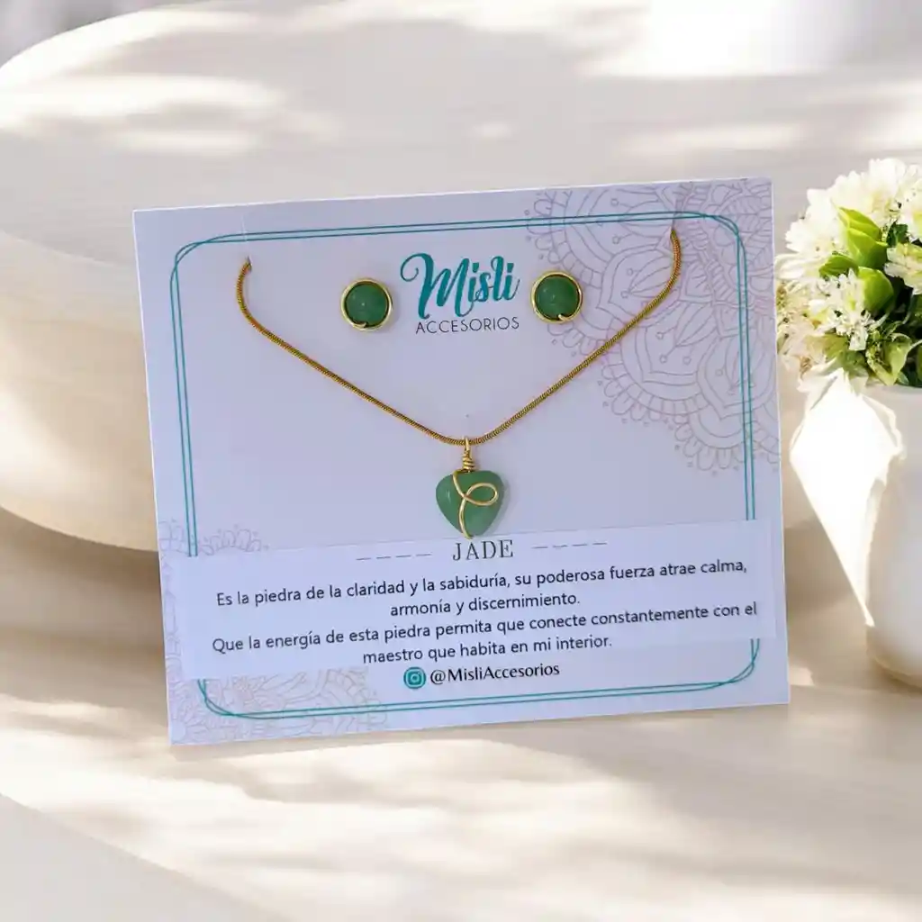 Conjunto Acero Inoxidable (collar Y Aretes) Piedra Natural Jade