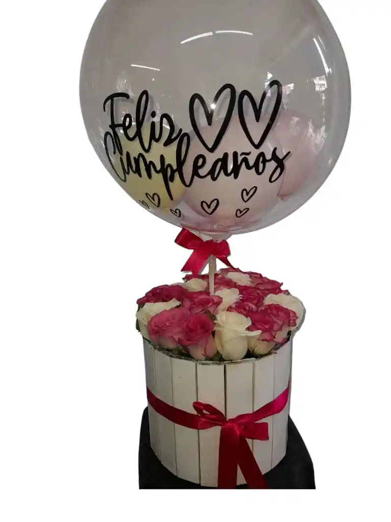 Cilindro 24 Rosas En Dos Colores Con Globo Burbuja
