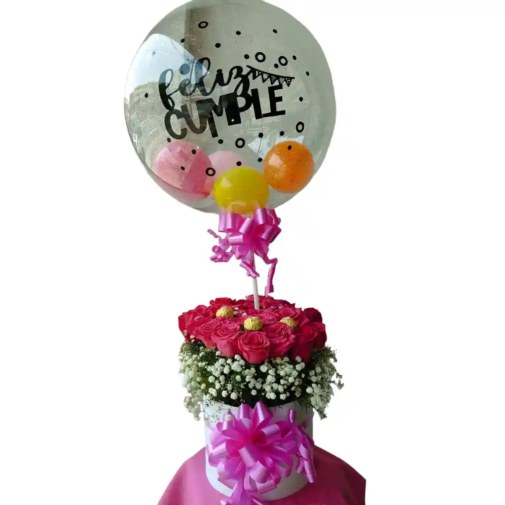 Cilindro De 24 Rosas Fucsias Con 4 Ferrero Y Globo Burbuja