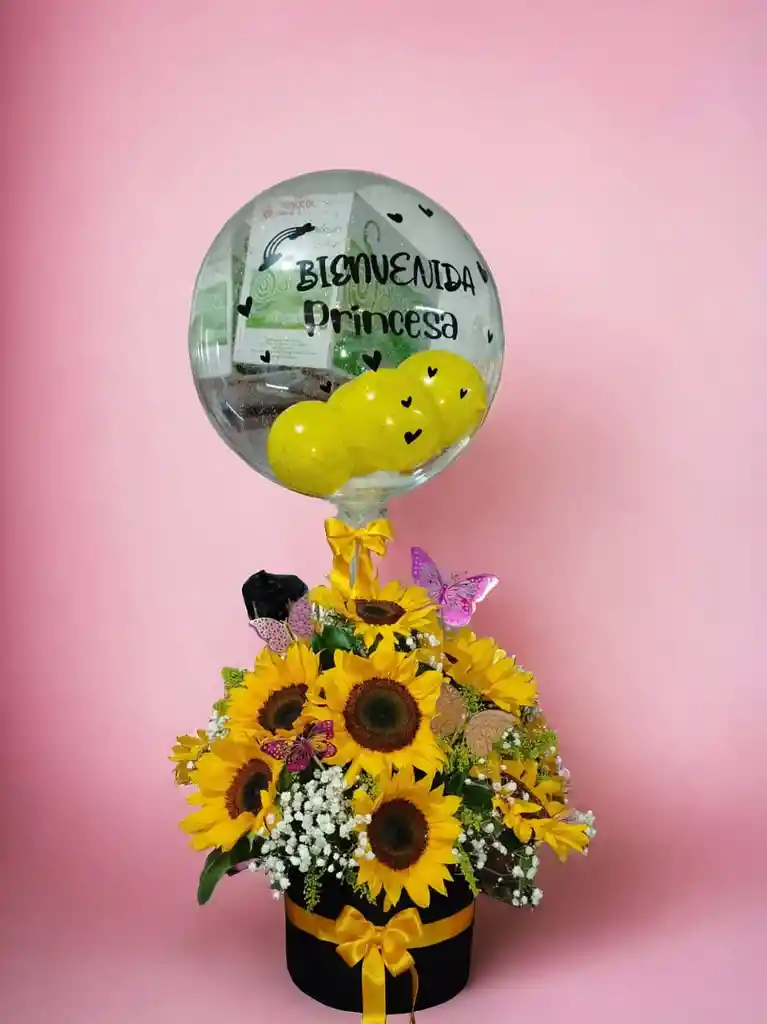 Cilindro De Girasoles Con Globo Burbuja