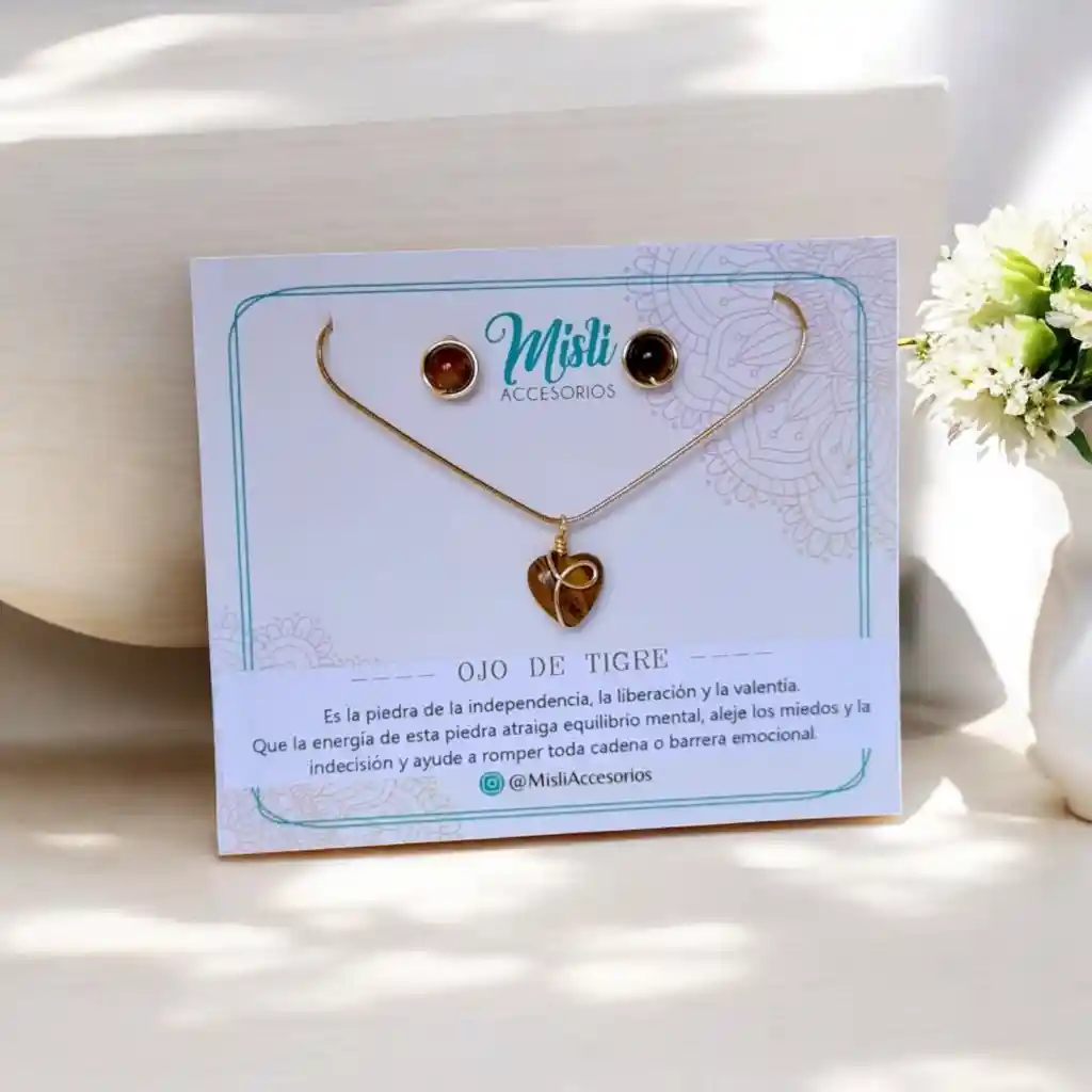 Conjunto Acero Inoxidable (collar Y Aretes) Piedra Natural Ojo De Tigre