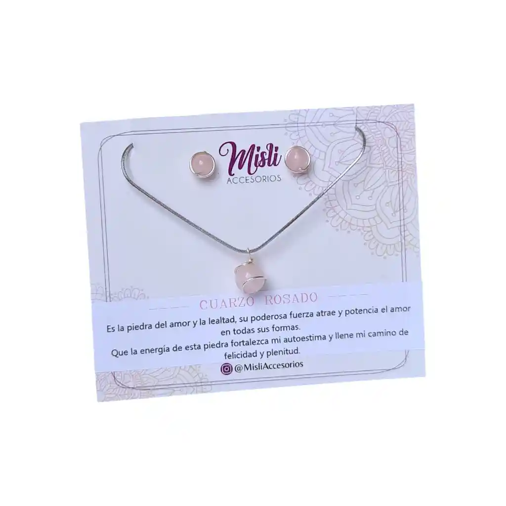 Conjunto Acero Inoxidable (collar Y Aretes) Cuarzo Rosado