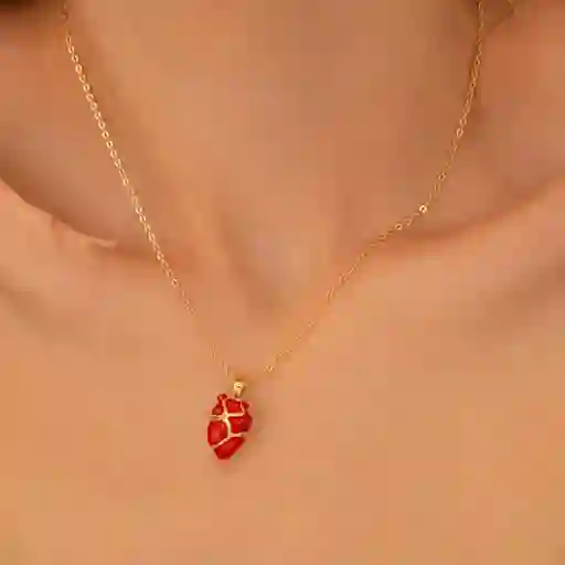 Ave María Cadena Corazón Anatómico Rojo + Aretes