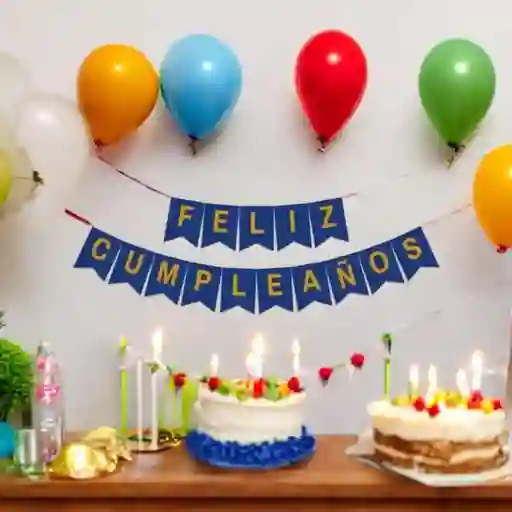 Banderin Festón Feliz Cumpleaños Azul Rey Mate Letras Doradas