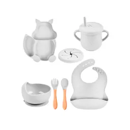 Set Vajilla Ardilla De 8pz En Silicona, Combo De Alimentación Complementaria Libres De Bpa Gris - Color Life