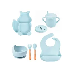 Set Vajilla Ardilla De 8pz En Silicona, Combo De Alimentación Complementaria Libres De Bpa Azul- Color Life