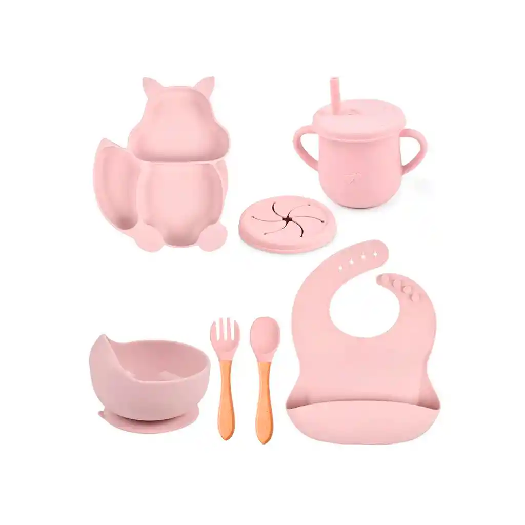 Set Vajilla Ardilla De 8pz En Silicona, Combo De Alimentación Complementaria Libres De Bpa Rosa - Color Life