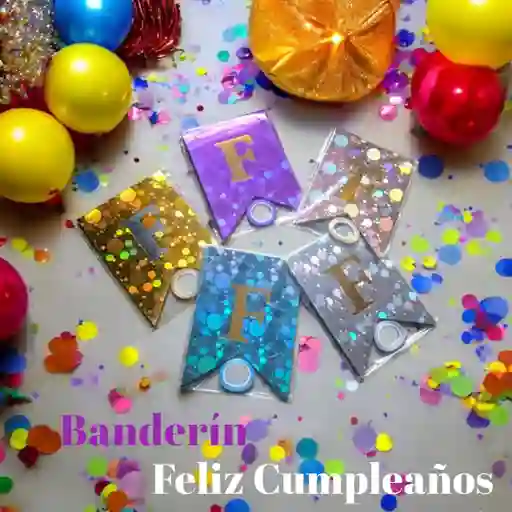 Banderin / Festón Feliz Cumpleaños Holograma Con Visos Brillantes Letras Doradas (x1 Unidad)