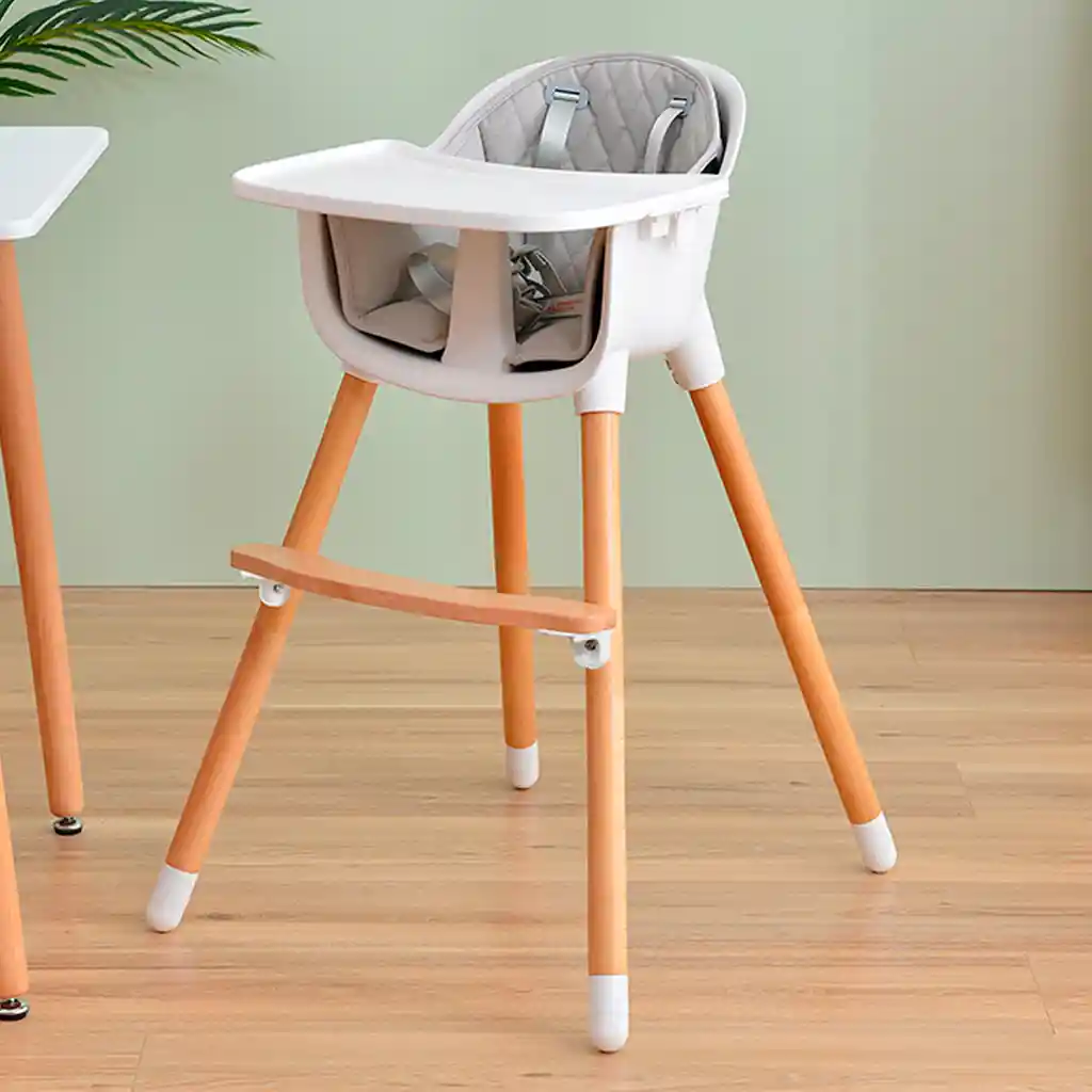 Silla Comedor Con Patas De Madera Para Bebé De 0 A 36 Meses, Reposapiés Y Dos Alturas Ajustables Celeste