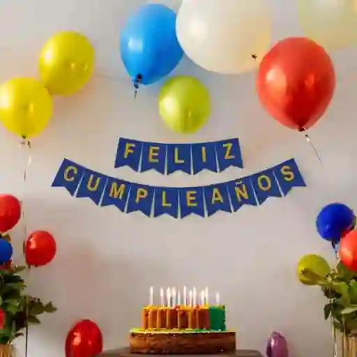 Banderin Festón Feliz Cumpleaños Azul Mate Letras Doradas