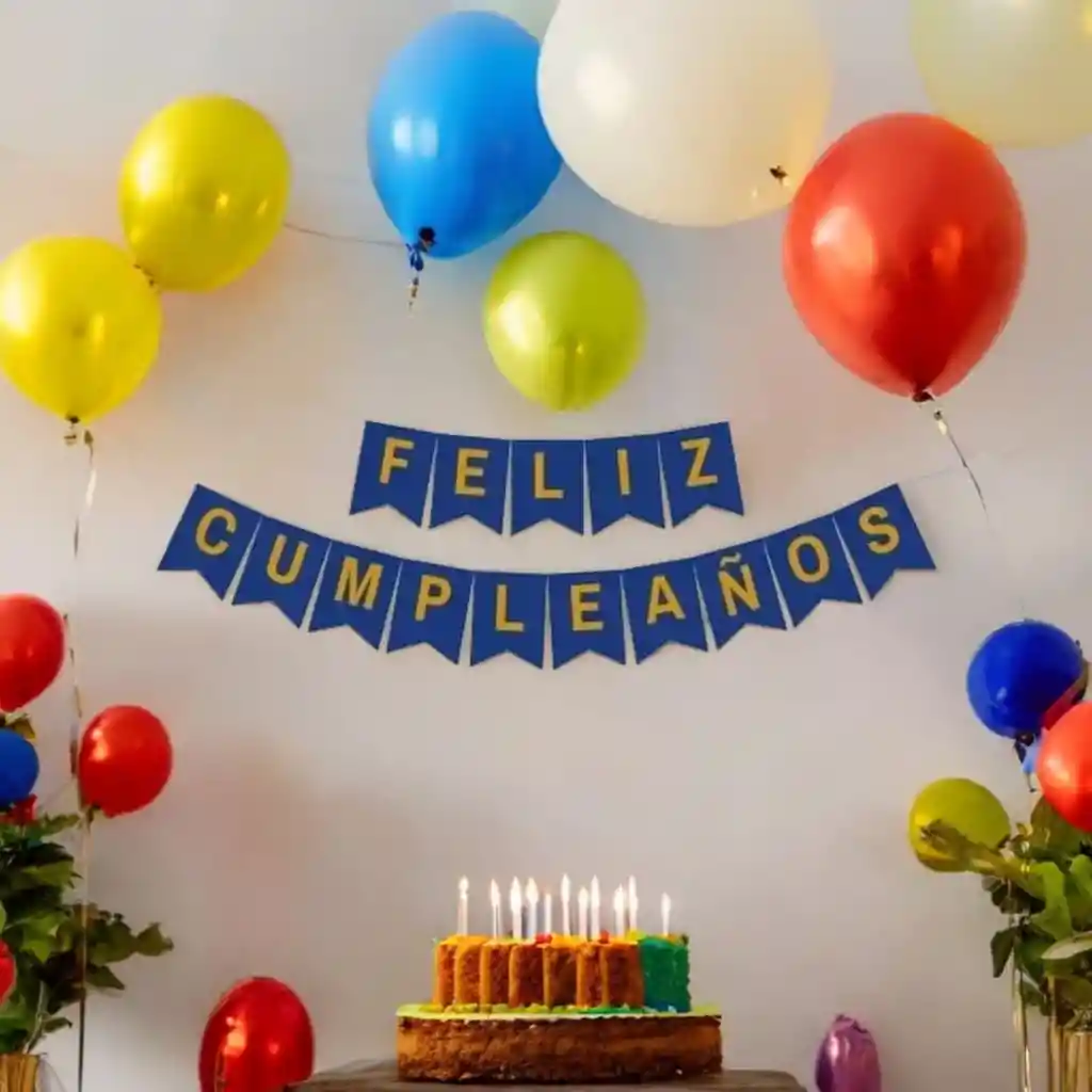 Banderin Festón Feliz Cumpleaños Azul Mate Letras Doradas