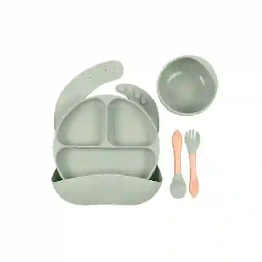 Vajilla En Set De 5 Piezas En Silicona, Cubiertos Con Mango De Madera, Libre De Pvc, Bpa Y Látex Gris - Colorlife