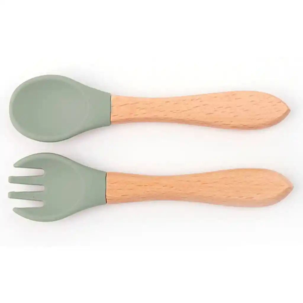 Vajilla En Set De 5 Piezas En Silicona, Cubiertos Con Mango De Madera, Libre De Pvc, Bpa Y Látex Celeste - Colorlife