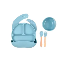 Vajilla En Set De 5 Piezas En Silicona, Cubiertos Con Mango De Madera, Libre De Pvc, Bpa Y Látex Celeste - Colorlife