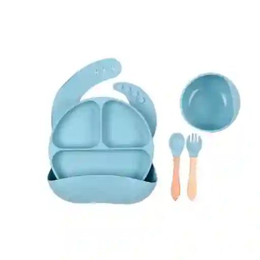 Vajilla En Set De 5 Piezas En Silicona, Cubiertos Con Mango De Madera, Libre De Pvc, Bpa Y Látex Celeste - Colorlife