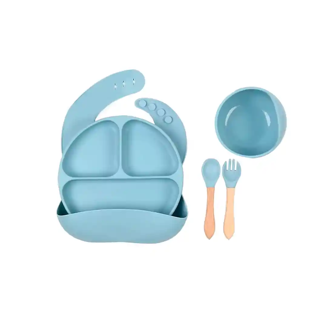 Vajilla En Set De 5 Piezas En Silicona, Cubiertos Con Mango De Madera, Libre De Pvc, Bpa Y Látex Celeste - Colorlife