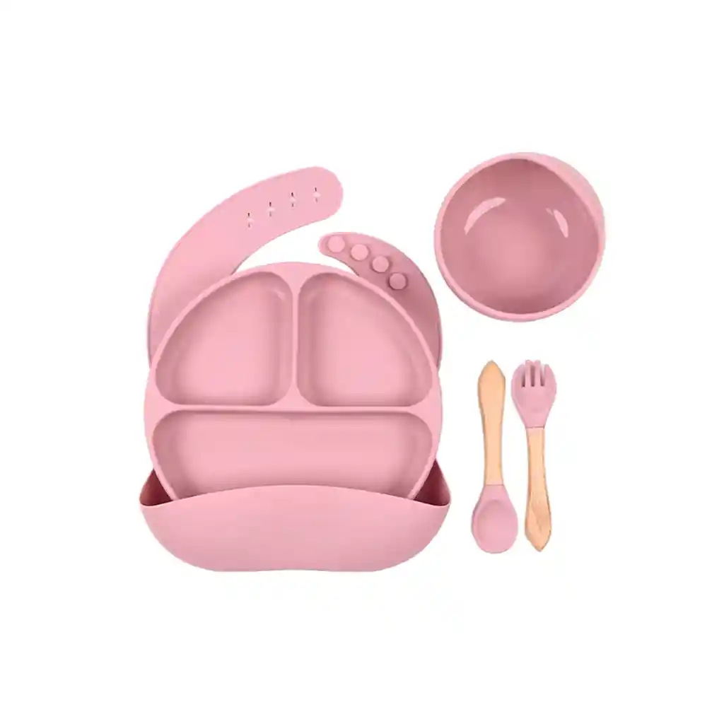 Vajilla En Set De 5 Piezas En Silicona, Cubiertos Con Mango De Madera, Libre De Pvc, Bpa Y Látex Rosa - Colorlife