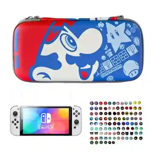 Estuche Super Mario + Vidrio + 2 Grips Para Nintendo Switch Oled