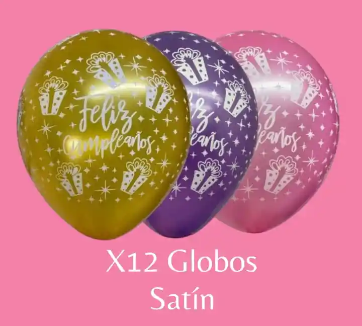 Globos En Látex R12 X12 Unidades Satín Feliz Cumpleaños Dorado, Morado, Rosado