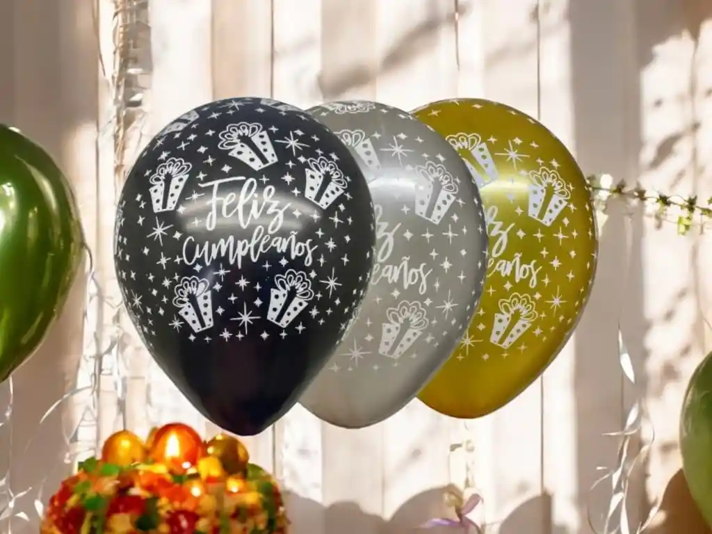 Globos En Látex R12 X12 Unidades Satín Feliz Cumpleaños Dorado, Plateado, Negro