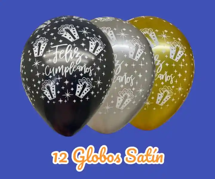 Globos En Látex R12 X12 Unidades Satín Feliz Cumpleaños Dorado, Plateado, Negro