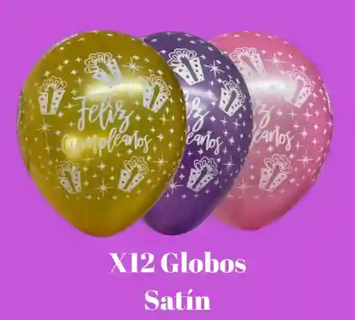 Globos En Látex R12 X12 Unidades Satín Feliz Cumpleaños Dorado, Morado, Rosado