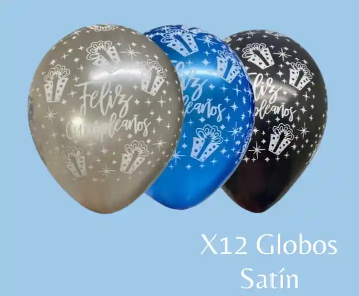 Globos En Látex R12 X12 Unidades Satín Feliz Cumpleaños Plateado, Azul Y Negro