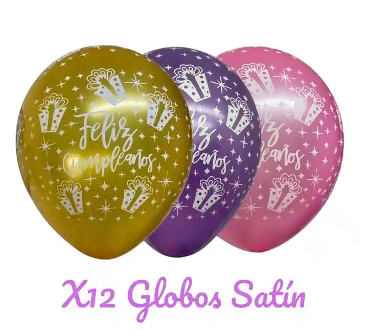 Globos En Látex R12 X12 Unidades Satín Feliz Cumpleaños Dorado, Morado, Rosado