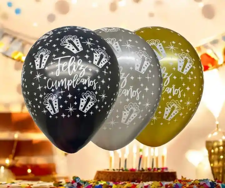 Globos En Látex R12 X12 Unidades Satín Feliz Cumpleaños Dorado, Plateado, Negro