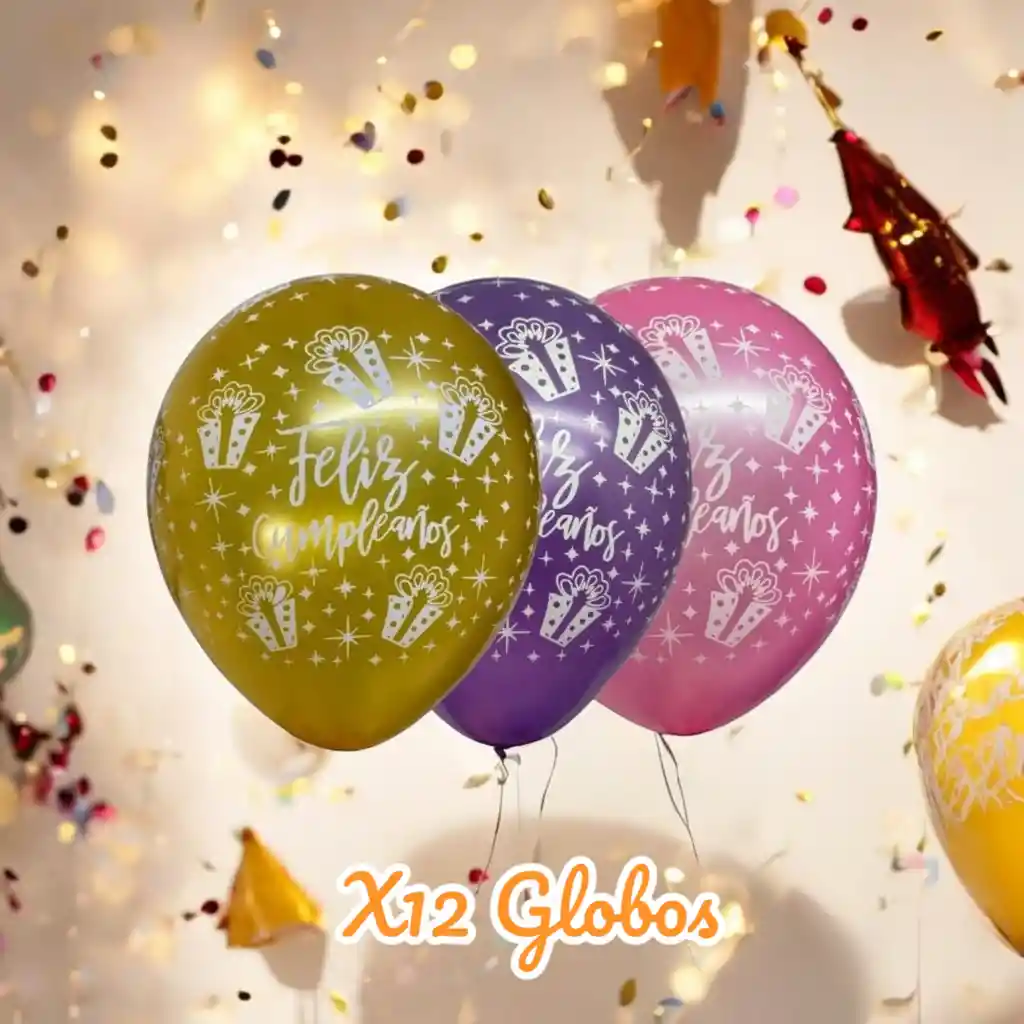 Globos En Látex R12 X12 Unidades Satín Feliz Cumpleaños Dorado, Morado, Rosado