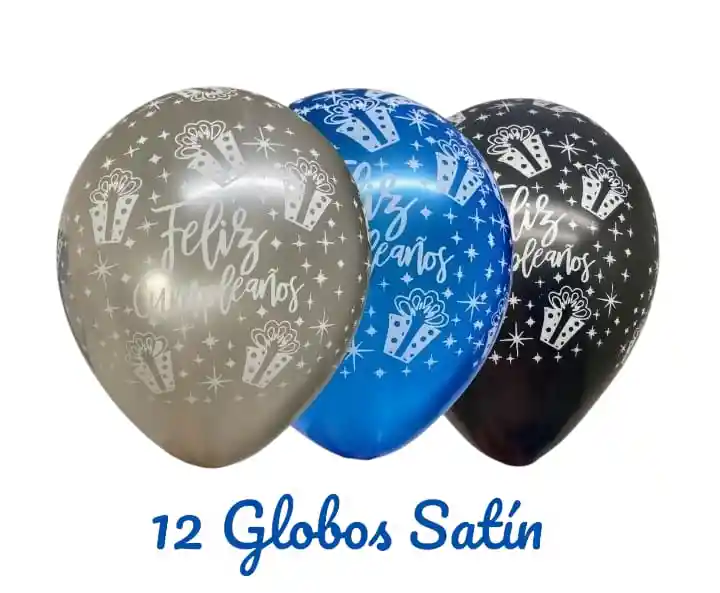 Globos En Látex R12 X12 Unidades Satín Feliz Cumpleaños Plateado, Azul Y Negro