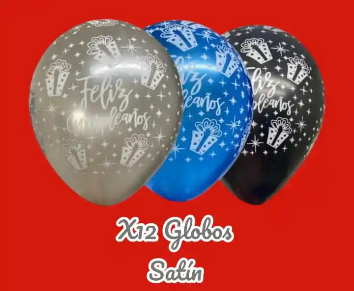 Globos En Látex R12 X12 Unidades Satín Feliz Cumpleaños Plateado, Azul Y Negro