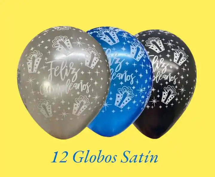 Globos En Látex R12 X12 Unidades Satín Feliz Cumpleaños Plateado, Azul Y Negro