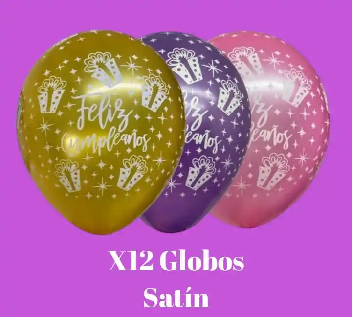 Globos En Látex R12 X12 Unidades Satín Feliz Cumpleaños Dorado, Morado, Rosado